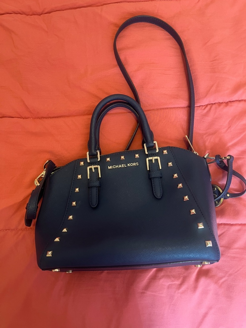 Michael Kors Black Leather Studded Satchel with Gold Hardware